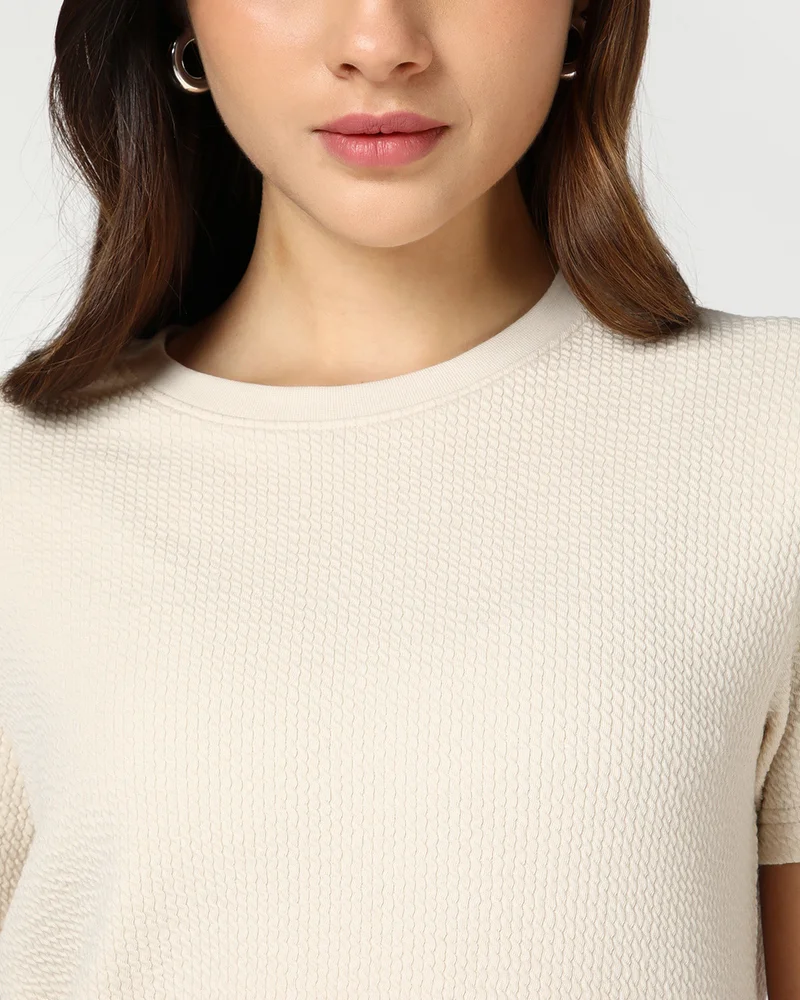 bewakoof Women's Beige Textured T-shirt